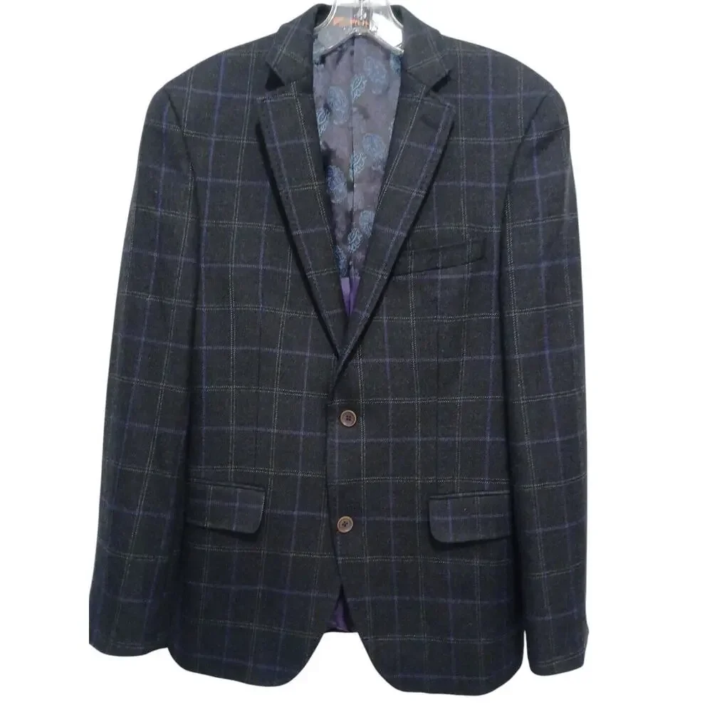 Tallia Men's Slim Fit WOOL Blend Sport Coat Sz 40 Black Plaid Jacket Macy's $295